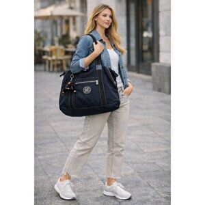 Kipling Black Nylon Large Tote Bag Monkey Keychain Zip Pockets Travel Gym